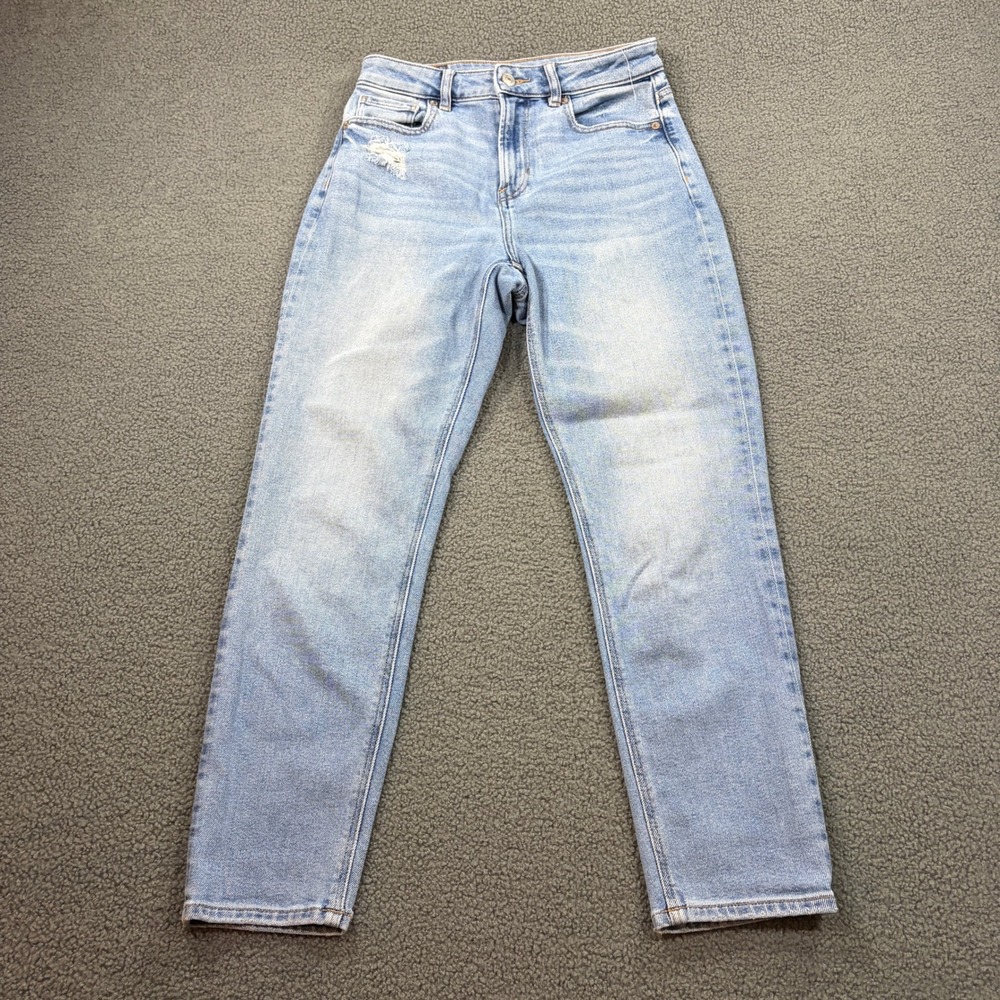 American Eagle Jeans Womens 0 Short Blue Mom Jean High Rise Distressed Stretch